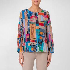 AKRIS PUNTO Crepe De Chine Nyc Paper Collage Print Blouse In Multicolor Size 6